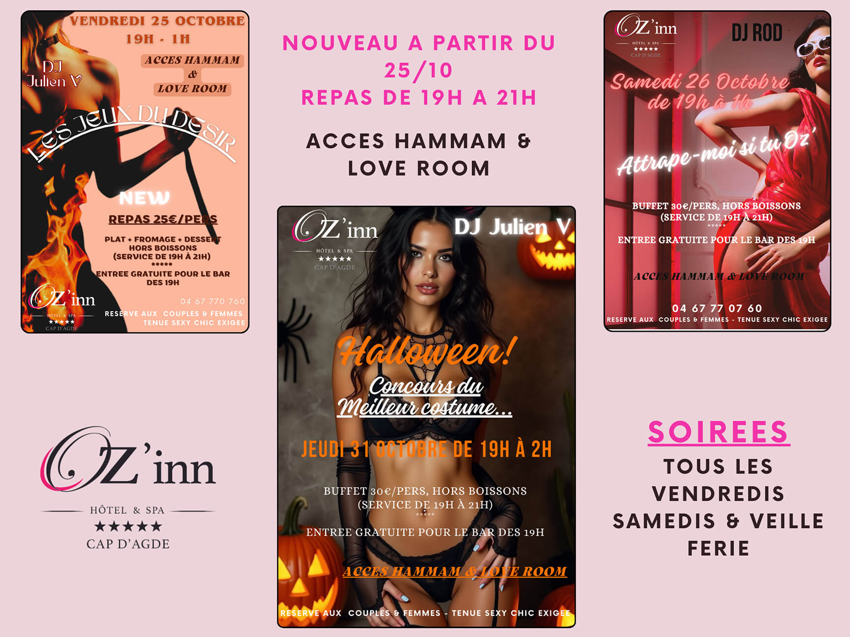 Soirées de l'Oz'inn programmation Octobre 2024. échangiste, libertin, coquin, village naturiste cap d'agde