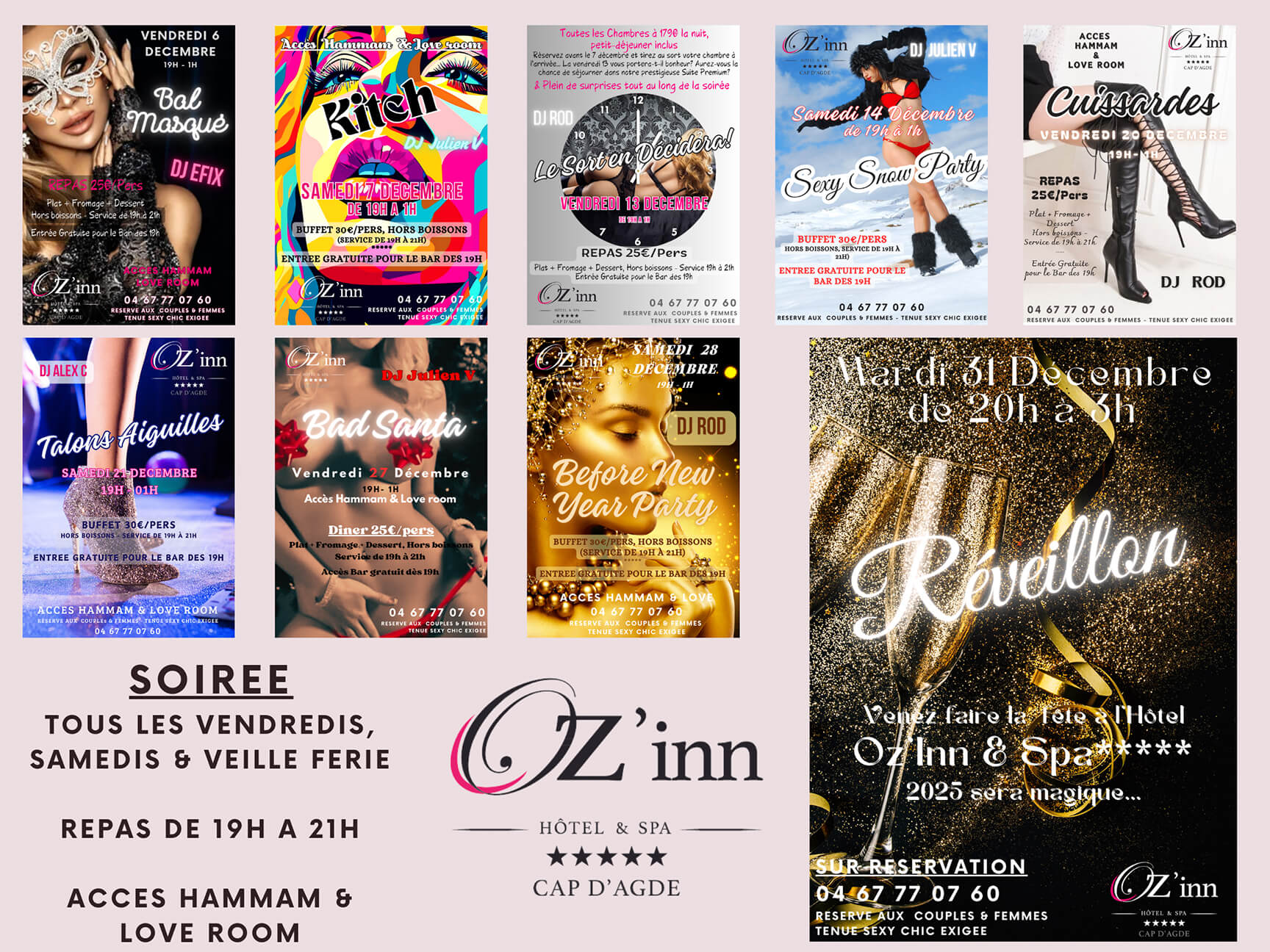 Soirées de l'Oz'inn programmation Décembre 2024. échangiste, libertin, coquin, village naturiste cap d'agde. Réveillon