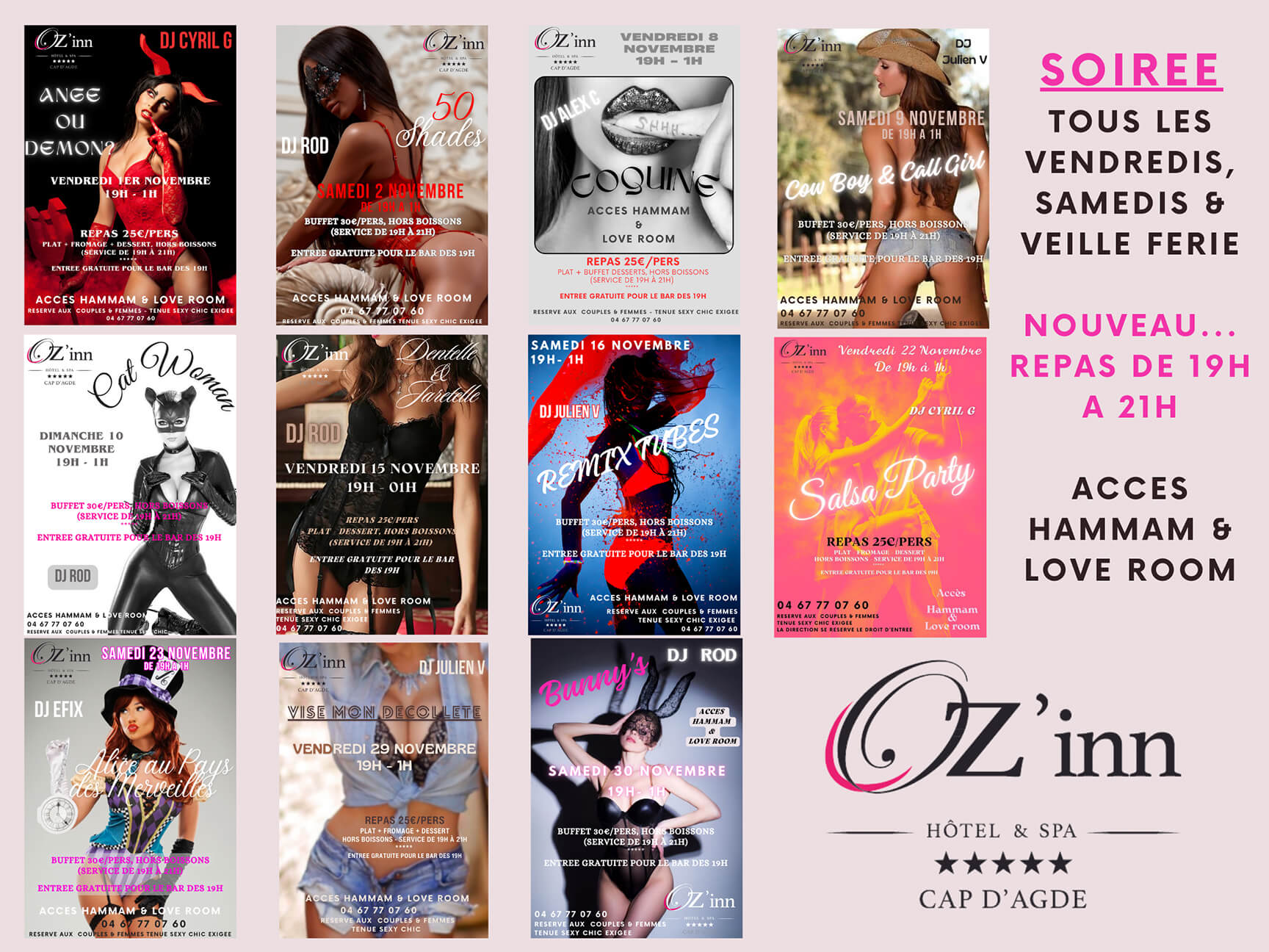 Soirées de l'Oz'inn programmation Novembre 2024. échangiste, libertin, coquin, village naturiste cap d'agde